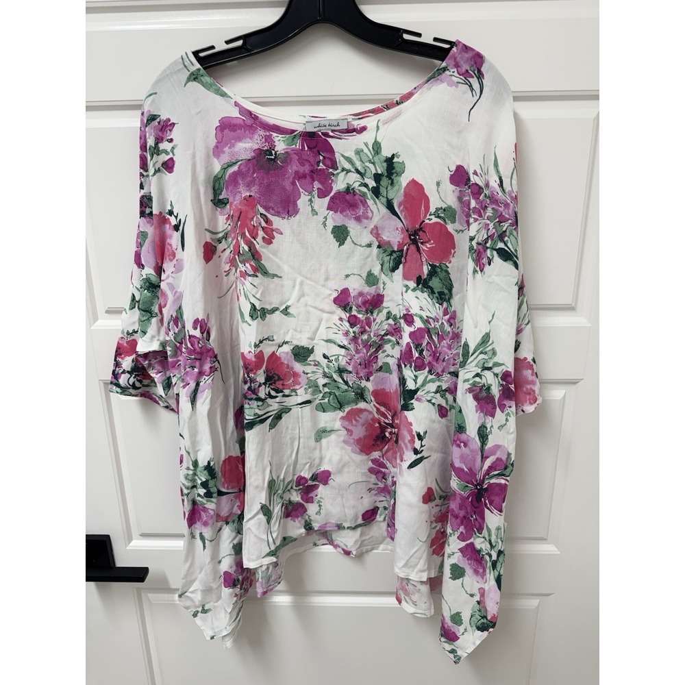 White Birch Floral Blouse Womens 1X White Pink Oversized Rayon Short Sleeve Top